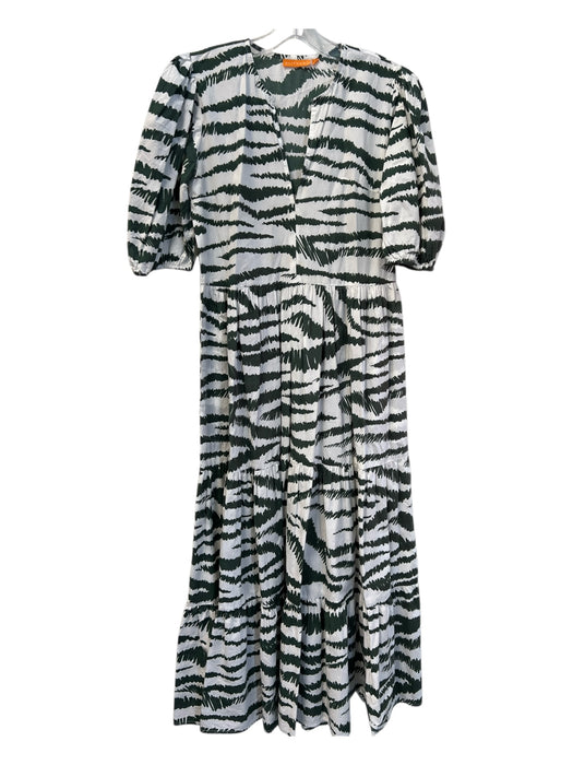 Oliphant Size Small White & Green Cotton round split neck Raw edge striped Dress White & Green / Small