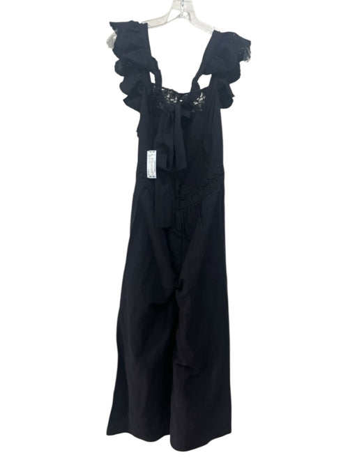 Ulla Johnson Size 6 Black Cotton & Linen Lace Accents Tie Neck Back Zip Jumpsuit Black / 6