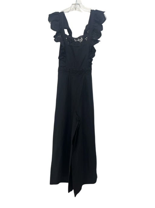 Ulla Johnson Size 6 Black Cotton & Linen Lace Accents Tie Neck Back Zip Jumpsuit Black / 6