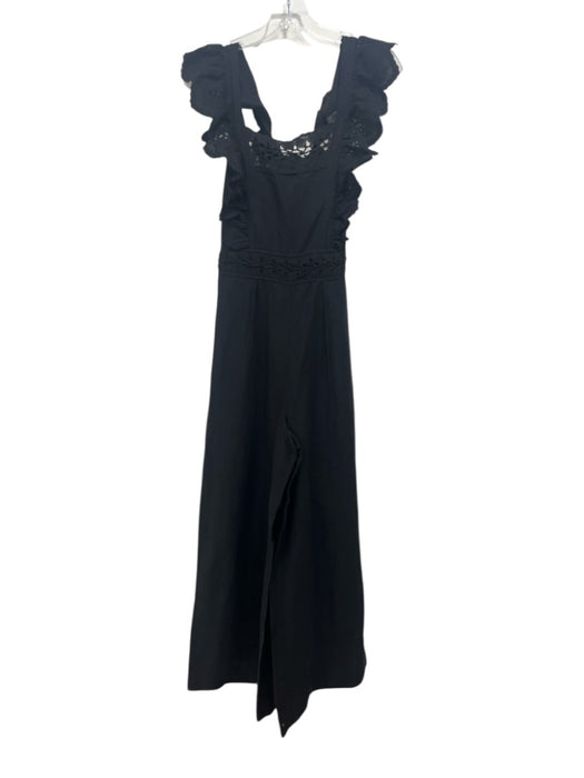 Ulla Johnson Size 6 Black Cotton & Linen Lace Accents Tie Neck Back Zip Jumpsuit Black / 6