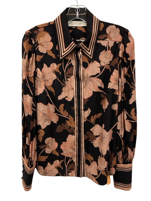 Zimmermann Size 2 Black & Peach Silk Blend Floral lantern sleeve Button Down Top Black & Peach / 2