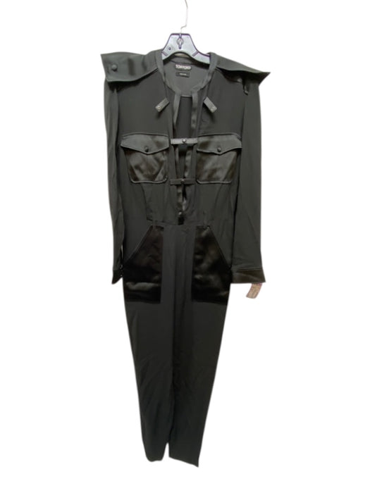 Tom Ford Size 38 Black Silk Leather trim Button Front Cut Out Pockets Jumpsuit Black / 38