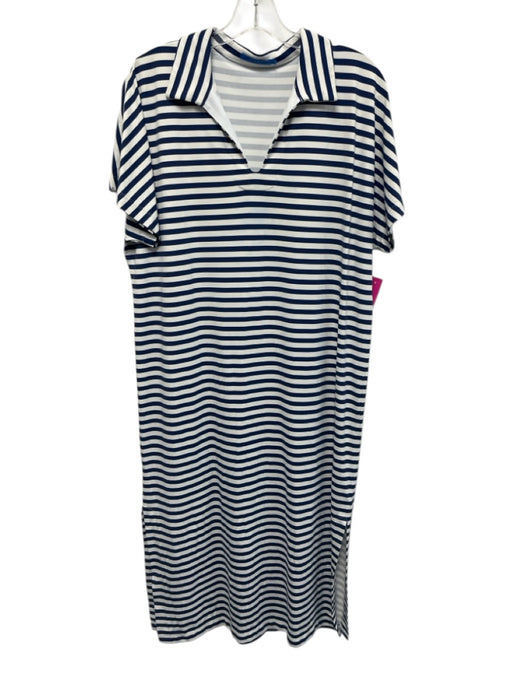 J. McLaughlin Size L Blue & White Nylon & Spandex Short Sleeve Stripe Midi Dress Blue & White / L