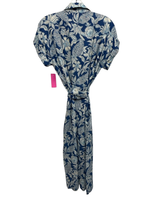 J. McLaughlin Size XS Blue & White Short Sleeve Floral Print Buttons Midi Dress Blue & White / XS