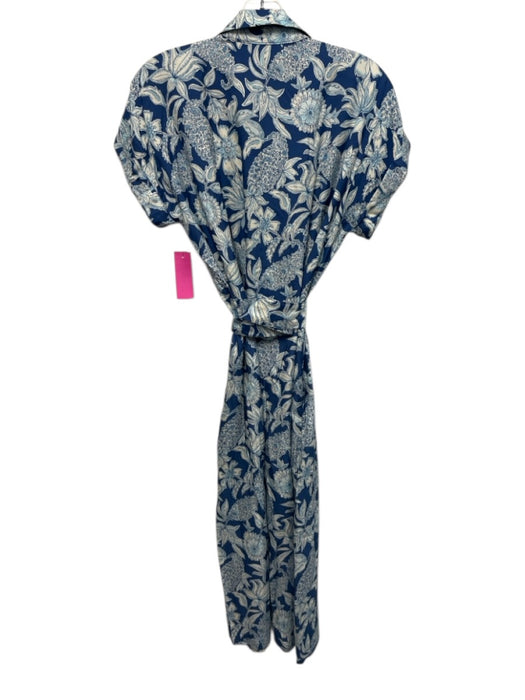 J. McLaughlin Size XS Blue & White Short Sleeve Floral Print Buttons Midi Dress Blue & White / XS