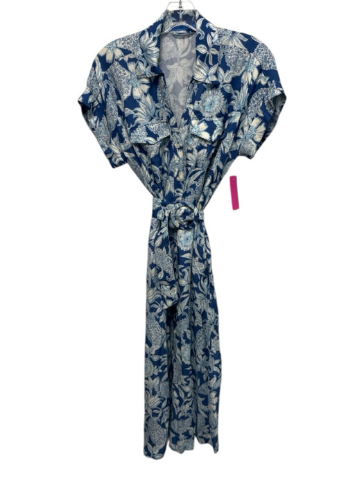J. McLaughlin Size XS Blue & White Short Sleeve Floral Print Buttons Midi Dress Blue & White / XS