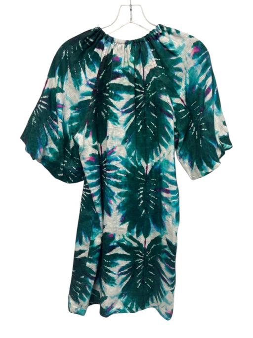 Marie Oliver Size XS Teal Green, Purple, White Linen Short Puff Sleeve Dress Teal Green, Purple, White / XS