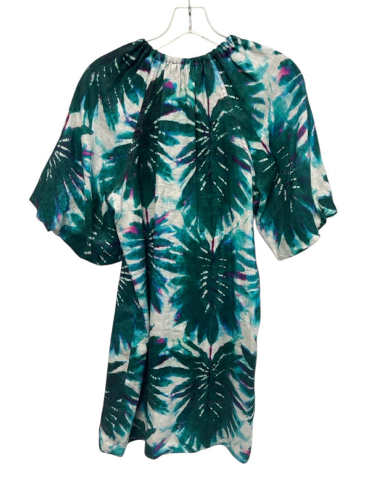 Marie Oliver Size XS Teal Green, Purple, White Linen Short Puff Sleeve Dress Teal Green, Purple, White / XS