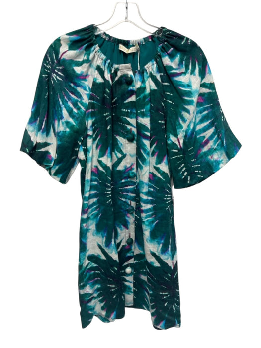 Marie Oliver Size XS Teal Green, Purple, White Linen Short Puff Sleeve Dress Teal Green, Purple, White / XS