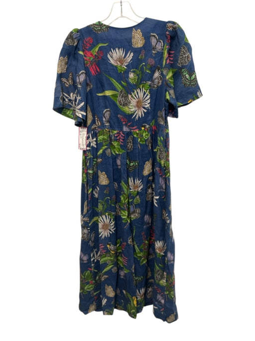 J. McLaughlin Size XS Blue, Pink, Green Linen Short Sleeve Floral & Birds Dress Blue, Pink, Green / XS