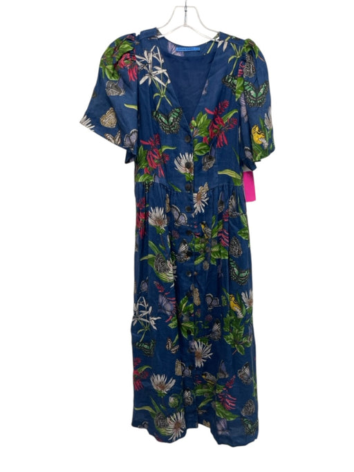 J. McLaughlin Size XS Blue, Pink, Green Linen Short Sleeve Floral & Birds Dress Blue, Pink, Green / XS