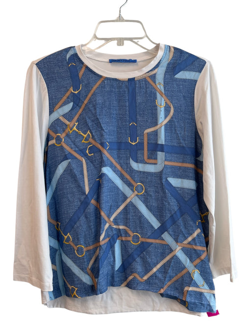 J Mclaughlin Size Medium White, Blue & Gold Cotton Long Sleeve Round Neck Top White, Blue & Gold / Medium