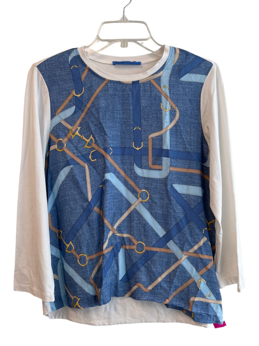 J Mclaughlin Size Medium White, Blue & Gold Cotton Long Sleeve Round Neck Top White, Blue & Gold / Medium