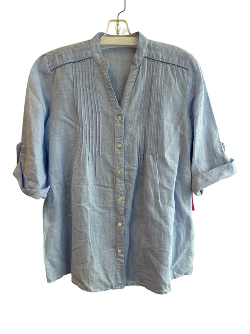 J Mclaughlin Size Small Blue Cotton Half Sleeve Round Split Neck Pintuck Top Blue / Small