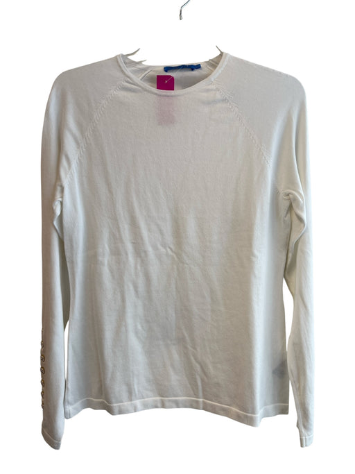 J Mclaughlin Size Medium White Cotton Long Sleeve Round Neck Button Sleeve Top White / Medium