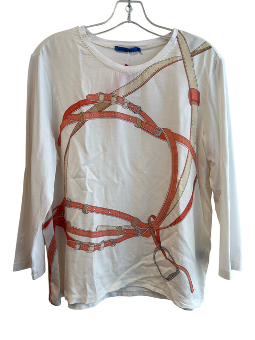 J Mclaughlin Size XL White, Orange & Gold Cotton Long Sleeve Round Neck Top White, Orange & Gold / XL