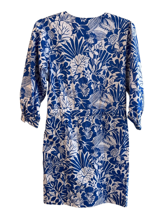 J Mclaughlin Size XS Blue & White Cotton Blend Abstract Floral Knee length Dress Blue & White / XS