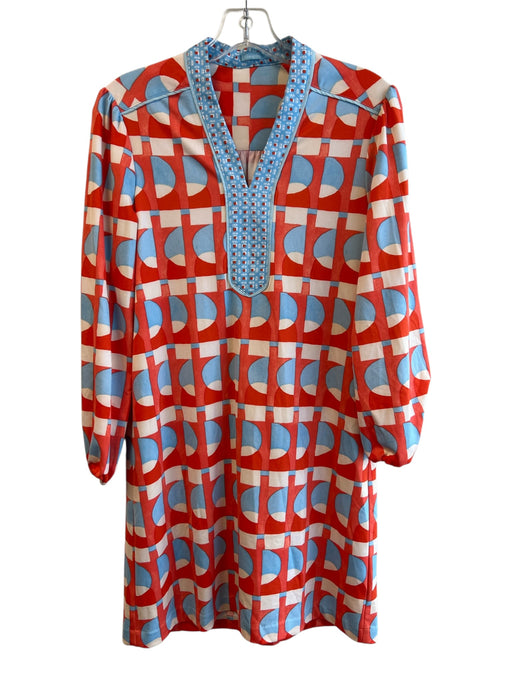 J Mclaughlin Size XS White, Orange & Blue Rayon Blend Geometric Print Dress White, Orange & Blue / XS