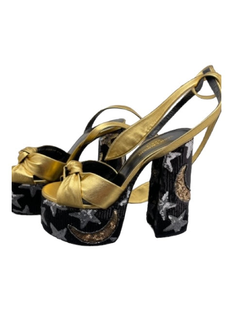 Saint Laurent Shoe Size 37.5 Black & Gold Leather Sequins stars Metallic Pumps Black & Gold / 37.5
