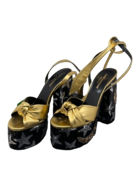 Saint Laurent Shoe Size 37.5 Black & Gold Leather Sequins stars Metallic Pumps Black & Gold / 37.5