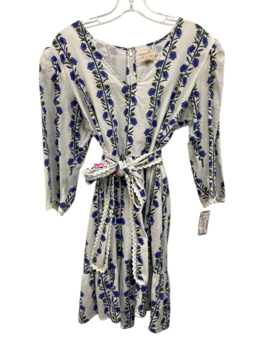 Beyond by Vera Size L White, Blue & Green Cotton Floral Stripe 3/4 Sleeve Dress White, Blue & Green / L