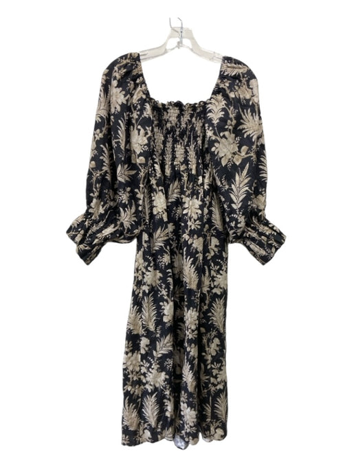 Tuckernuck Size L Black & Beige Linen Smocked Floral Long Sleeve Maxi Dress Black & Beige / L