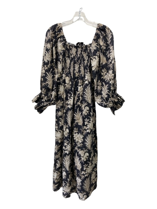 Tuckernuck Size L Black & Beige Linen Smocked Floral Long Sleeve Maxi Dress Black & Beige / L