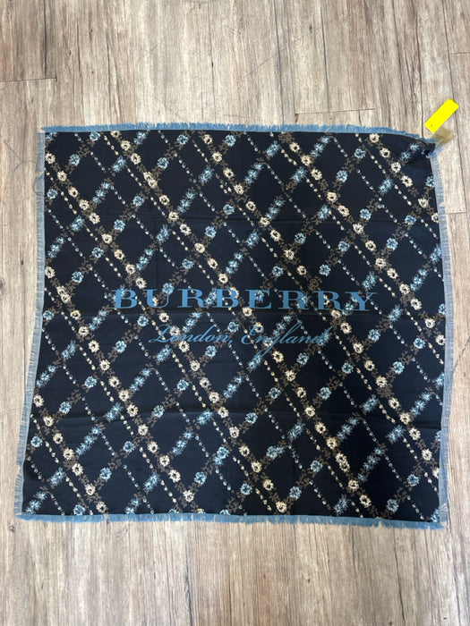 Burberry Black, Cream & Blue Silk Floral Lattice Fringe Hem Logo scarf