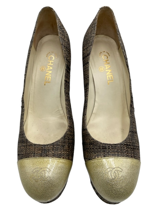 Chanel Shoe Size 41 Gray & Beige Jute & Patent round toe Woven Platform Pumps Gray & Beige / 41