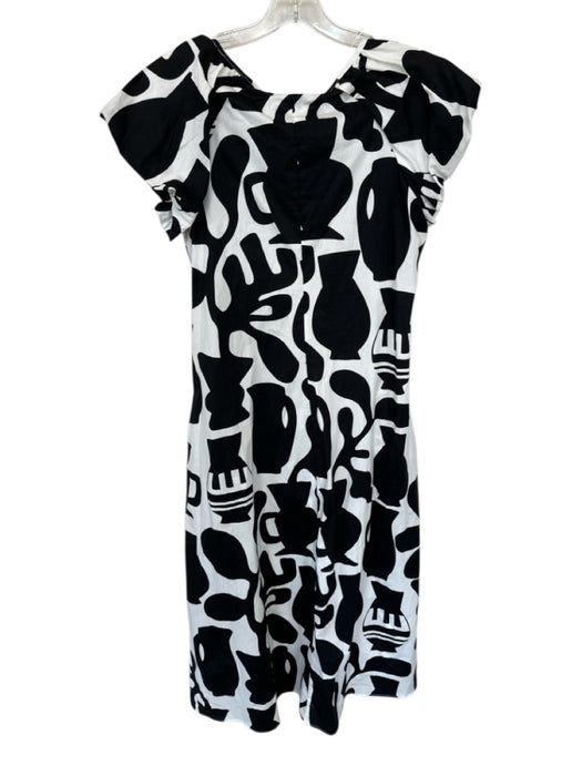Foil Size 4 Black & White Cotton Blend Abstract Midi Short Sleeve V Neck Dress Black & White / 4