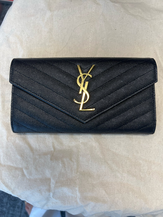 Saint Laurent Black Grained Leather goldtone hardware Logo Snap Flap Wallets