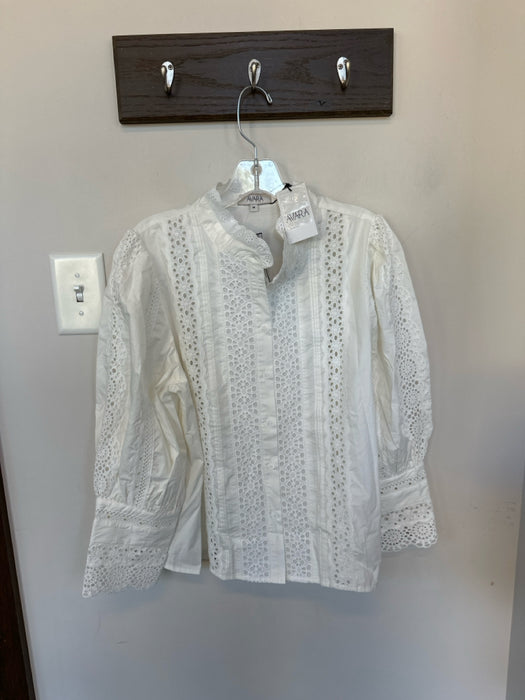 avara Size M White Cotton Long Balloon Sleeve Lace Button Down Top