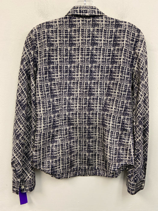 Theory Size S Navy & white Silk Printed Button Front Long Sleeve Top
