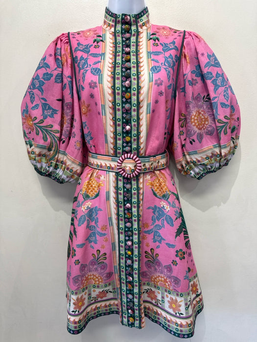 Zimmermann Size S / 1 Pink & Green Print Linen Button Front Back Zip Mini Dress