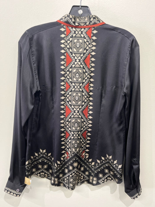 Etro Size 42 Black, Cream & Red Silk Button Down Geometric Long Sleeve Top