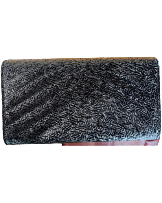 Saint Laurent Black Grained Leather goldtone hardware Logo Snap Flap Wallets