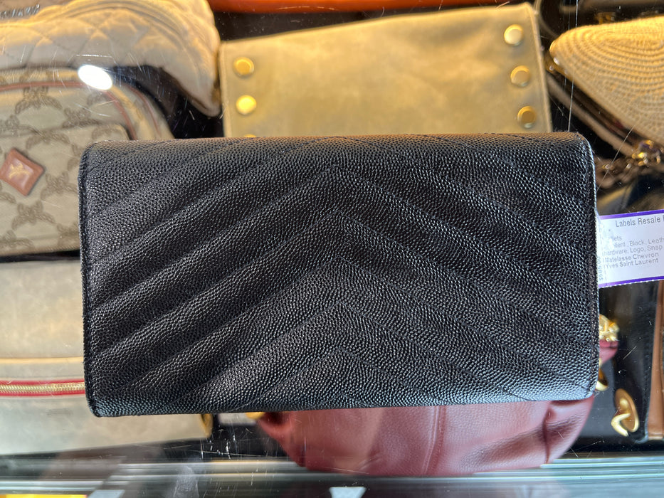 Saint Laurent Black Grained Leather goldtone hardware Logo Snap Flap Wallets