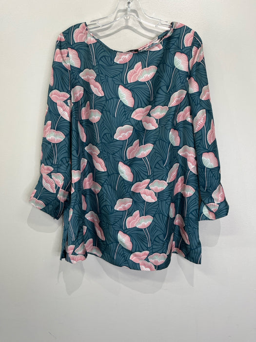 Lafayette 148 Size 12 Blue & Pink Silk 3/4 Sleeve Floral Wide Neck Top