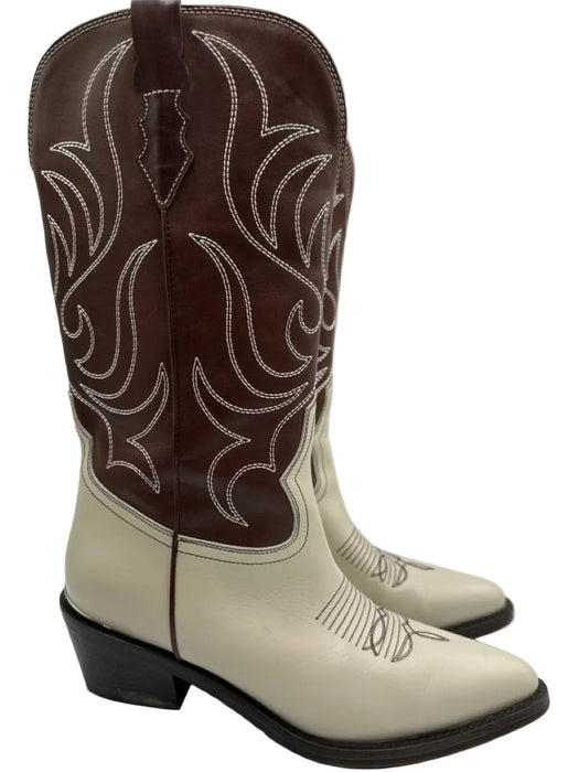 Partow Shoe Size 39.5 Brown & White Leather Pointed Toe Western Knee High Boots