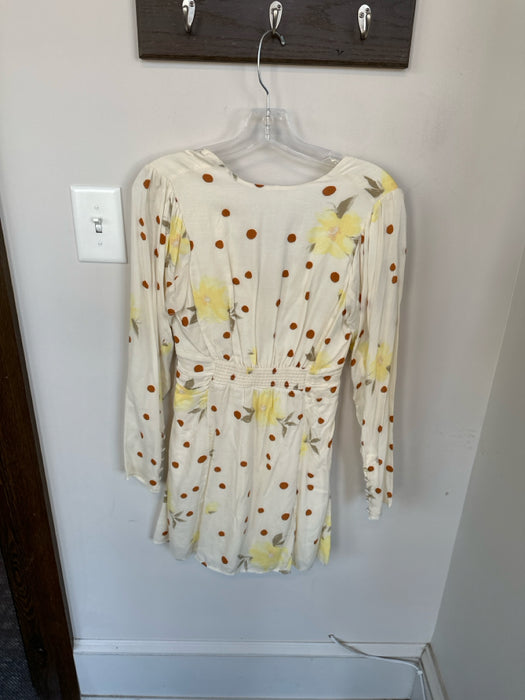 Free People Size XS Cream & Yellow Viscose Long Sleeve Polka Dot Flowers Dress