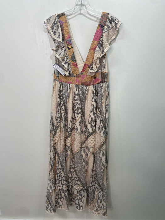 Let Me Be Size S Beige & Multi Cotton Floral V Neck & Back Maxi Dress