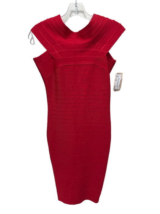 Herve Leger Size Large Red Rayon Blend Bandage Off Shoulder Sleeveless Dress