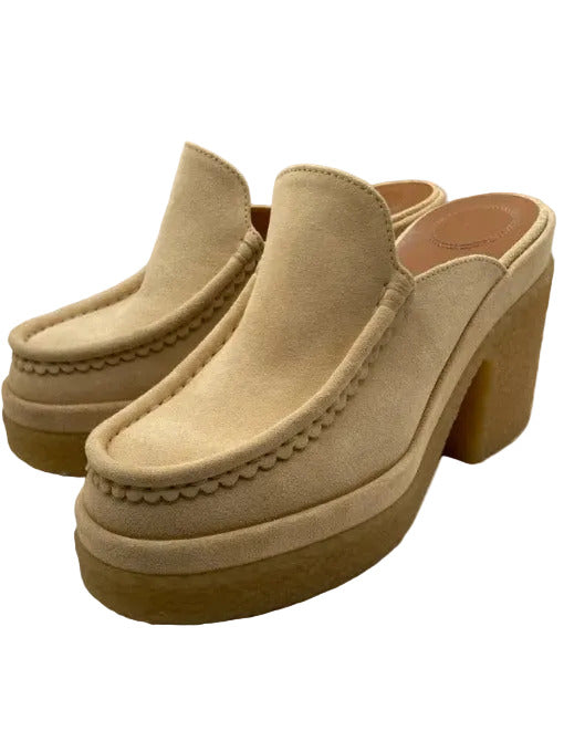 Chloe Shoe Size 39 Biscotti Beige Suede Upper Rubber Sole Solid Block Heel Mules