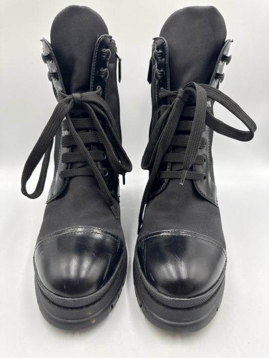 Prada Shoe Size 39.5 Black Nylon Leather Triangle Logo Block Heel Combat Boots