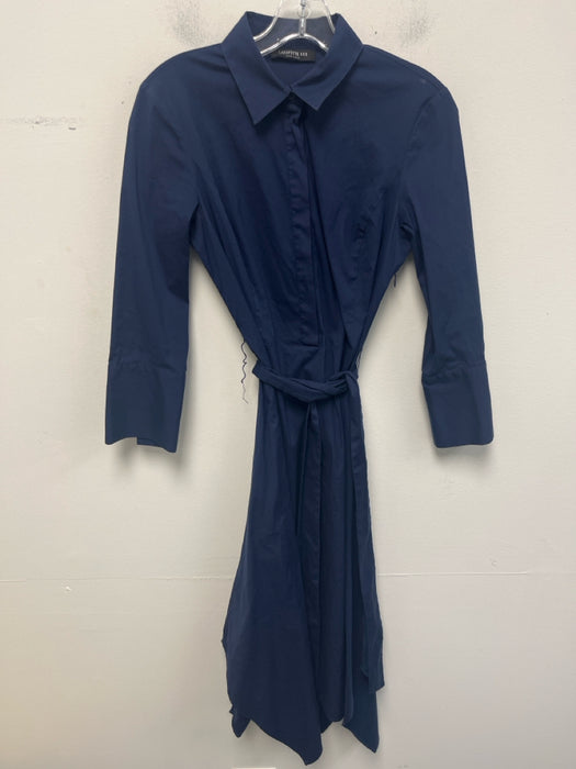 Lafayette 148 Size 4 Navy Cotton 1/2 Button Long Sleeve Tie Belt Dress
