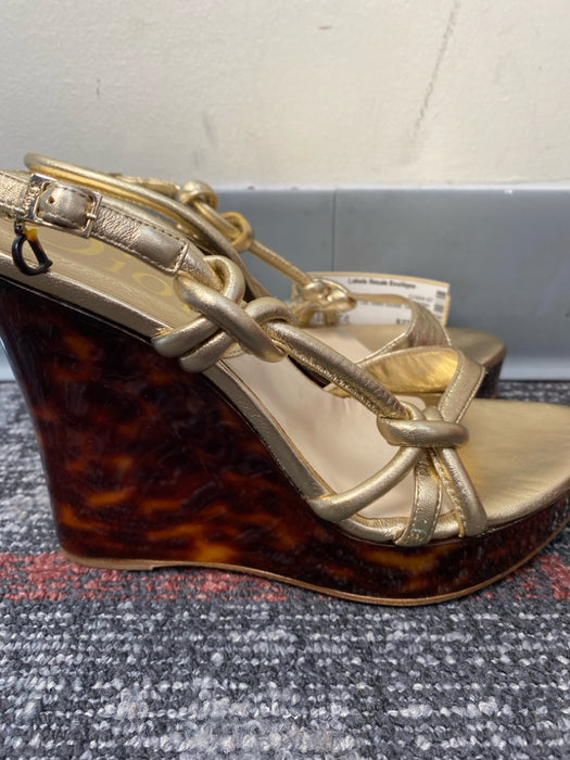 Dior Shoe Size 37.5 Silver & Brown Leather & Plastic Wedge Knot Open Toe Shoes
