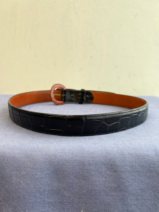 Flemings of Buckhead Black Alligator Leather Round Buckle Brass Hardware Belts