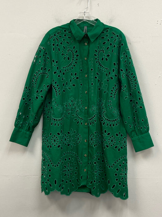 By Anthropologie Size S Green Cotton Long Sleeve Eyelet Button Front Dress