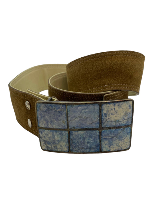 No Brand Tan & cream Leather Suede Squares silver inlay Belts Tan & cream / Large