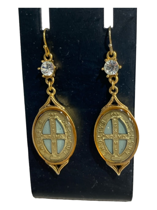 Virgins Saints & Ang Gold & Blue Metal Oval Dangle Stone Drop Earrings Gold & Blue